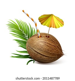 Coconut Tropical Natural Drink And Branch Vector. Coconut Exotic Cocktail With Straw And Decorated Umbrella, Palm Green Leaves. Coco Beach Beverage Template Realistic 3d Illustration