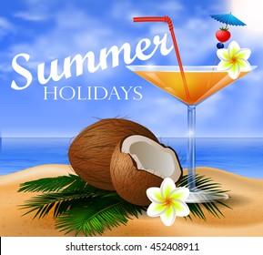 Coconut tropical nut fruit with cut vector illustration on a beach background with tropical palm leaves and an orange juice glass