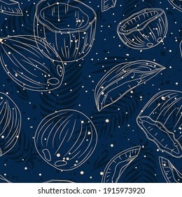 Coconut tropical seamless pattern whith coconut silhouettes, palm leaves, coconut slices and pieces.