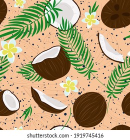 Coconut tropical seamless pattern whith coconuts, flowers (plumeria), palm leaves, coconut slices and pieces. 