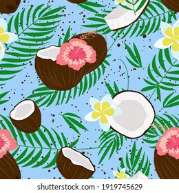 Coconut tropical seamless pattern whith coconuts, flowers (plumeria and hibiscus), palm leaves, coconut slices and pieces. 