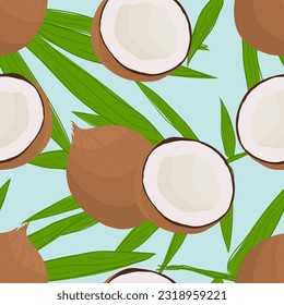 Patrón de coco tropical sin soldadura con cocos enteros y cortados y hojas de palmera verdes sobre fondo azul claro. Ilustración vectorial plana