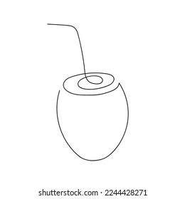 Coconut with tube drawn in one continuous line. One line drawing, minimalism. Vector illustration.