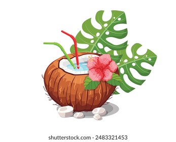 Coco con dos pajitas, hoja y flor en un Vector de playa. ILUSTRACIÓN VECTORIAL EPS 10. Edite fácilmente como desee con archivos de Vector (EPS o AI)