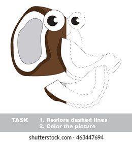 Coconut in vector to be traced. Restore dashed line and color the picture. Visual game for children. Easy educational kid gaming. Simple level of difficulty. Worksheet for kids education.