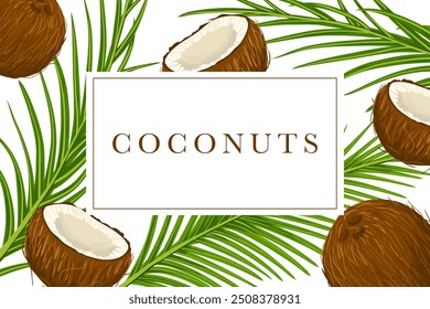 Coconut vector card. Tropical fruit sticker design. Text retro typography. Coconuts and palm leaves pattern background. Label for food, drink, flavour packaging. Uncut elements. White background