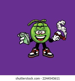 coconut vector character cartoon mascot smoking blunt from weed flower bud nug cannabis and money