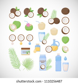 Coconut vector flat icon set, big collection of flat design of coconut products, fruits and food objects isolated on the white background, vector illustration