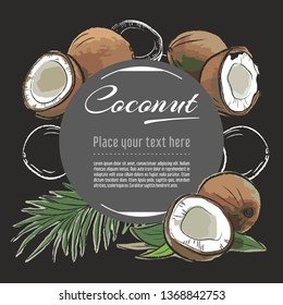 coconut vector hand drawn healthy food illustration. Nut design with sketch elements for banner, greeting card	