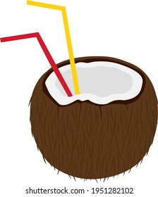Ilustración vectorial de coco. Cóctel de paja con leche de coco