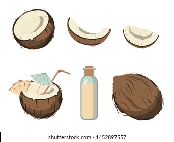 Ilustración vectorial de coco aislada. С leche de coco, cóctel de coco con paraguas.