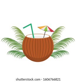 Coconut vector. Coconut on white background. Straw. Straw in Coconut. Straw vector.