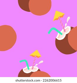 Coconut vector seamless pattern in cartoon flat style isolated on pink background.