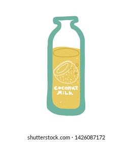 Coconut Vegan Milk packaging Vector logo design template with plant icon in linear style. Abstract emblem for organic shop, healthy food store or vegetarian cafe.