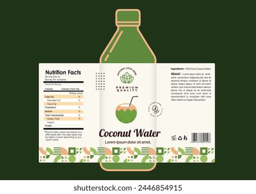 Diseño de etiqueta de botella de agua de coco, diseño de etiqueta de producto con logotipo de agua de coco, archivo de Vector editable