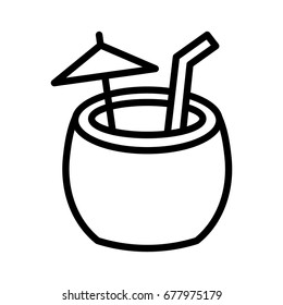 Coconut water cocktail drink with straw and umbrella line art vector icon for food apps and websites