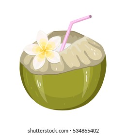 Coconut Water Drink. Green fresh drinking coconut with a straw and a frangipani flower  isolated on white background.