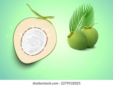 Coconut Water Drink, Green coconut isolated on green background vector.