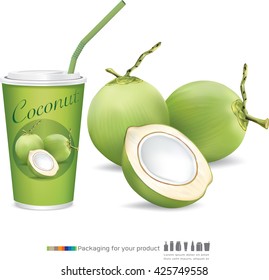 Coconut Water Drink, Green Coconut Isolated On White Background.vector
