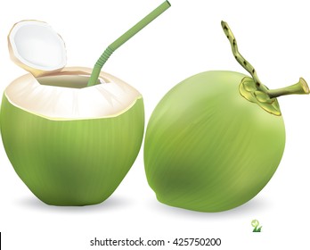 Coconut Water Drink, Green Coconut Isolated On White Background.vector
