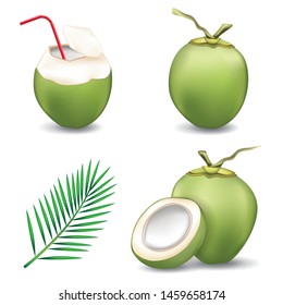 Coconut water drink with green coconut and coconut leaf isolated on white background.