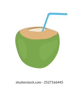 Coconut water drink with straw. Green coconut with drinking straw vector illustration.