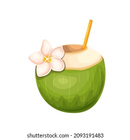 Coconut water drink with straw. Open young green coconut milk drink vector illustration.