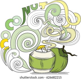 Coconut water drink vector illustration. Design for wall decoration, bag, pillow cover, t-shirt, book and poster.