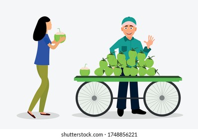 coconut water drinking women vector with coconut selling man healthy drink flat illustration 