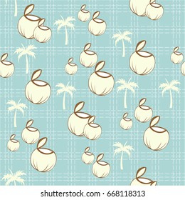 Coconut water fruit and silhouette of coconut trees seamless summer pattern on pastel plaid lined background. Vector Illustration.