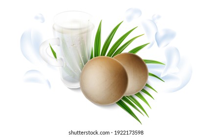 Coconut water in a glass with coconut flakes and splashing water on white background
