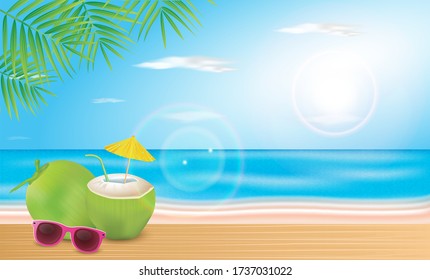 Coconut water is laid on the beach planks. Vector Hello Summer Holiday illustration.