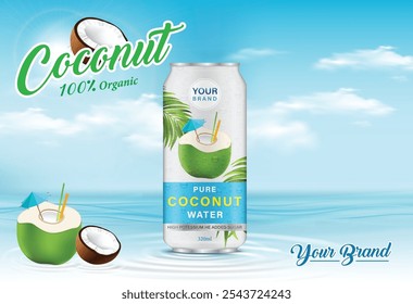 Coconut water packaging in a can with blue sky and sea in the summer template background