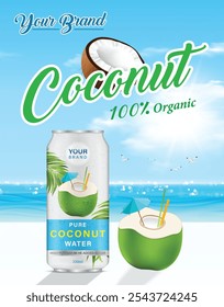 Coconut water packaging in a can with blue sky and sea in the summer template background