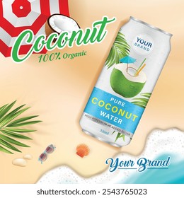 Coconut water packaging in a can on the beach background with the beach template on the summer