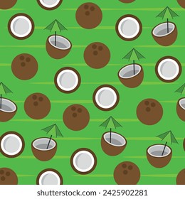 Coconut and Coconut Water Pattern - Whole, Half and Drinks of Coconuts in Green Background. Seamless Link.