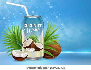 Coconut water poster banner template. Vector realistic composition of organic drink in aluminium can, cocos, palm leaves and copy space. Naturally refreshing coconut juice advertising.