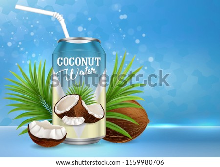 Coconut water poster banner template. Vector realistic composition of organic drink in aluminium can, cocos, palm leaves and copy space. Naturally refreshing coconut juice advertising.