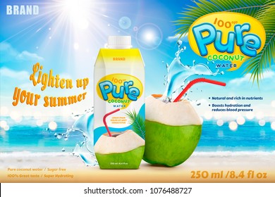 Coconut water with refreshing liquid splashing out from the fruit with red straw, bokeh summer beach background in 3d illustration