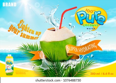 Coconut water with refreshing liquid splashing out from the fruit with red straw, bokeh summer beach background in 3d illustration