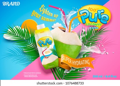 Coconut water with refreshing liquid splashing out from the fruit with red straw in 3d illustration, geometric background