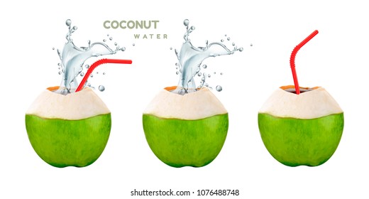 Coconut water set with splashing drink and straw in 3d illustration on white background