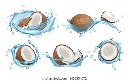 Coconut water set. Vector realistic coconuts and water splashes isolated on white background. Illustration of coconut tropical, healthy fruit exotic