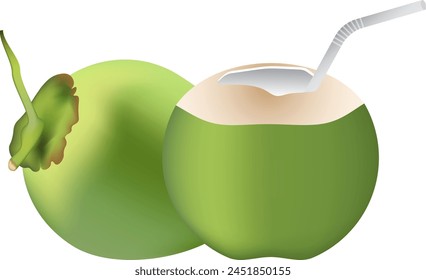 Coconut water with straw and fresh young coconut fruit isolated on a white background.