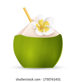 Coconut water with straw and white flower isolated on white background. Vector illustration