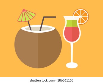 Coconut water, summer cocktail. Flat design vector