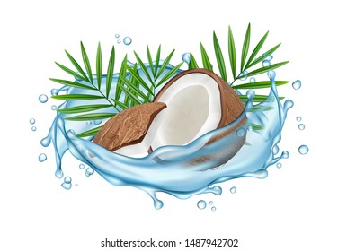 Coconut water vector concept. Realistic coconut, water splashes and palm leaves