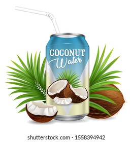 Coconut water vector illustration. Realistic composition of organic drink in aluminium can, cocos, palm leaves for poster, banner, etc. Refreshing coconut juice packaging.