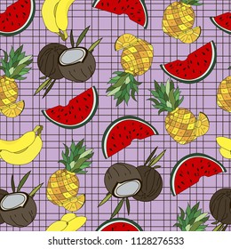 Coconut, Watermelon, Pineapple, Banana Vector Repeat Seamless Pattrern. Great for fabric, packaging, wallpaper, invitations. Organic food pattern. Summer pattern.
