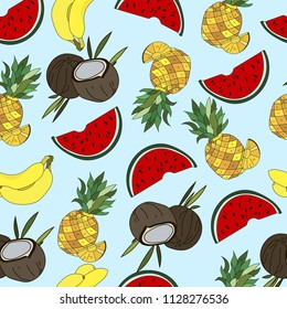 Coconut, Watermelon, Pineapple, Banana Vector Repeat Seamless Pattrern. Great for fabric, packaging, wallpaper, invitations. Organic food pattern. Summer pattern.